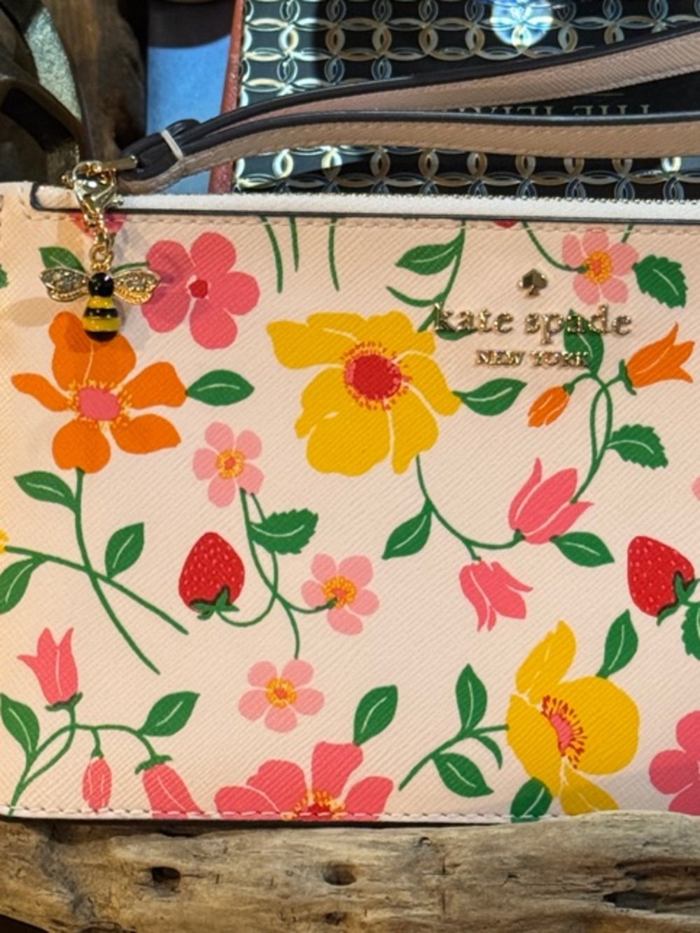 kate spade Floral Wristlet in Pink, Yellow & Green with Bee Charm